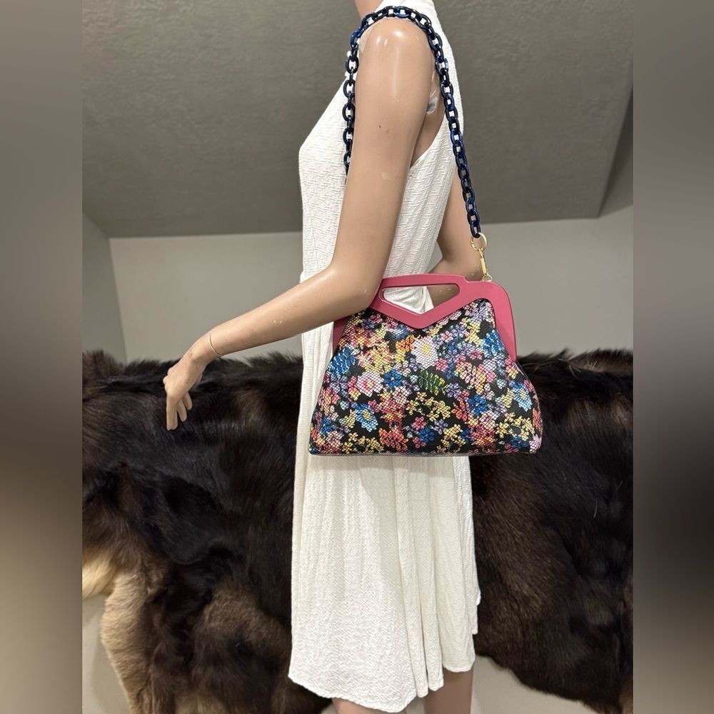 Floral Embossed Genuine Leather Handmade Wooden Frame & Cut-out Handle Bag
